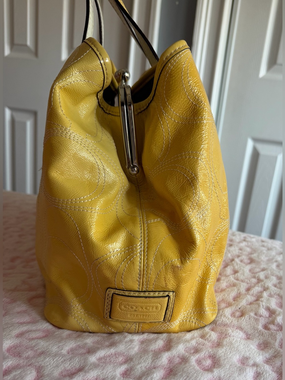 Coach Signature Stitched Patent Leather Framed 
Shoulder Bag Yellow - Picture 4 of 10